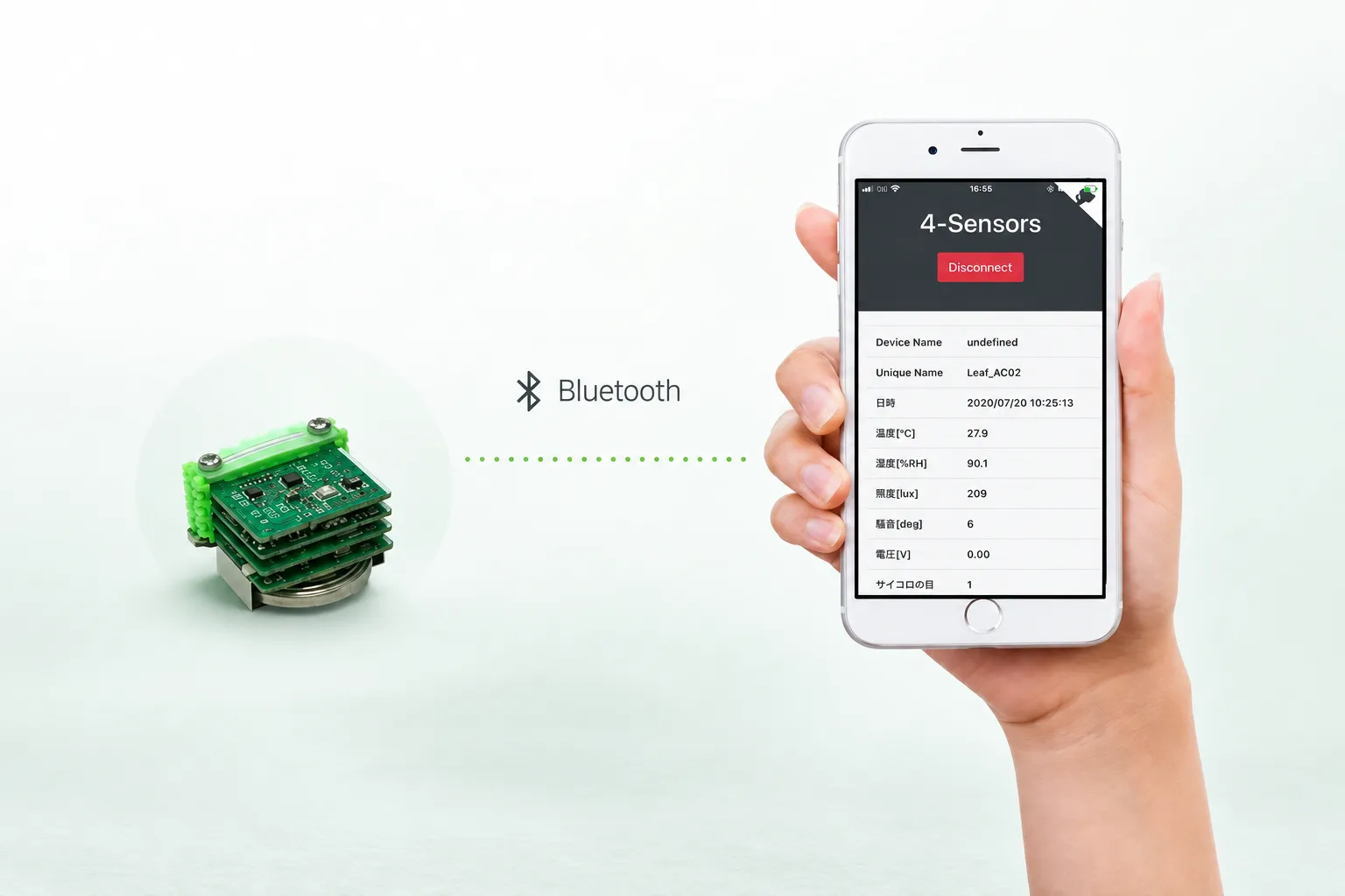 Bluetoothで接続したLeafonyと、センサの測定値を表示するスマートフォン