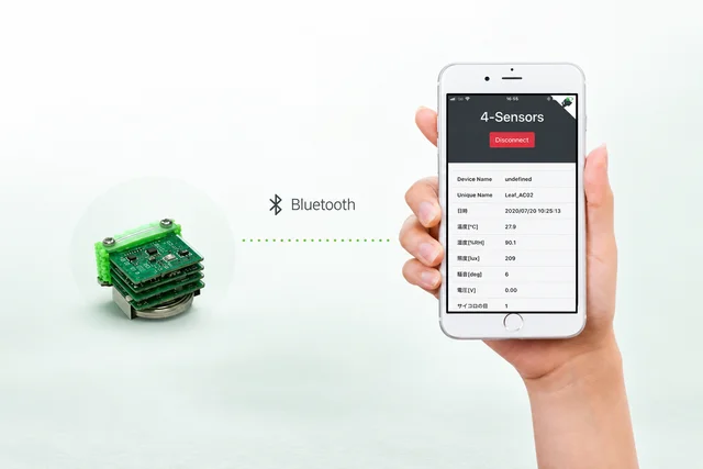 センサの測定値を表示するスマートフォンと Leafony