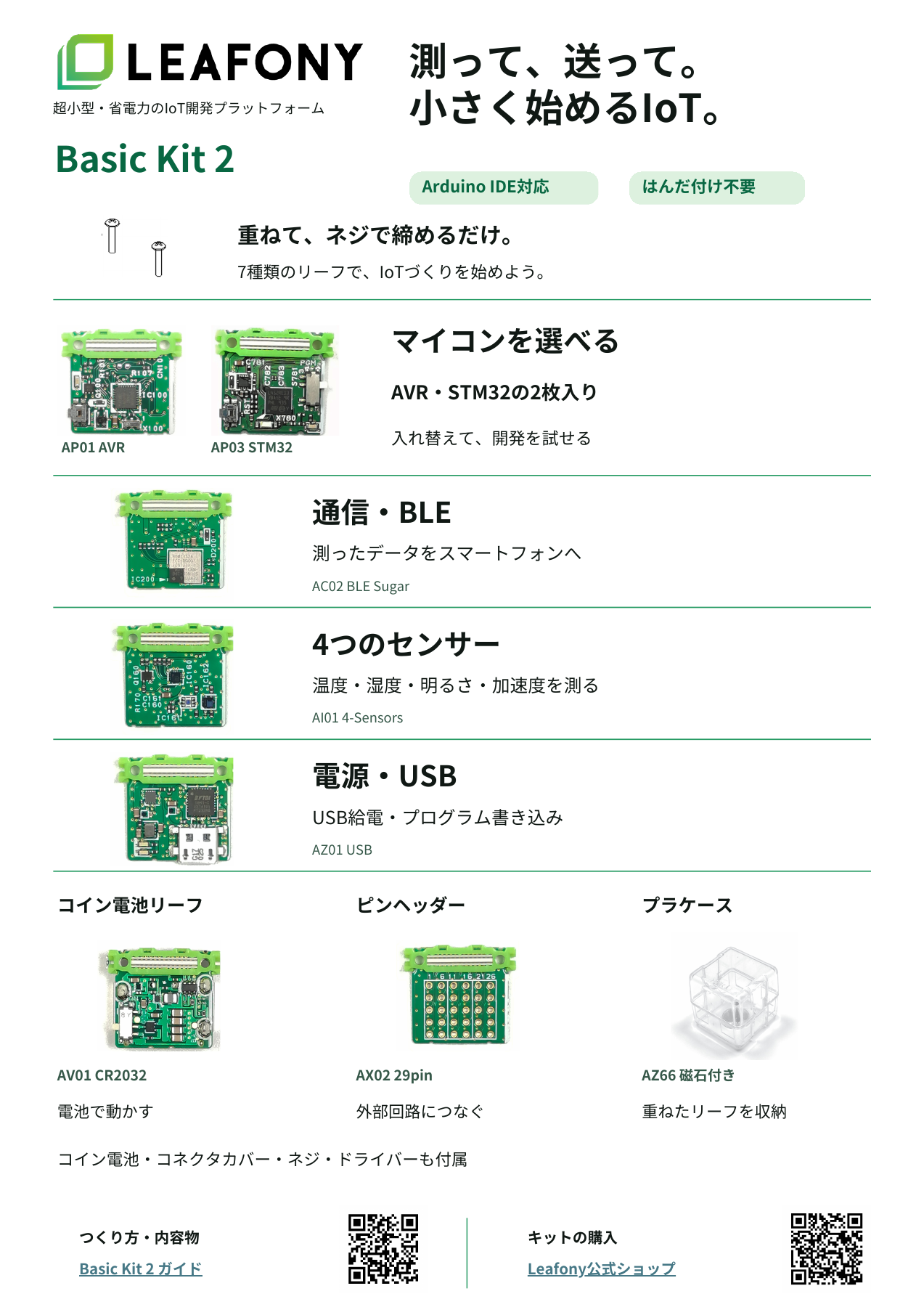Japanese flyer showing the seven types of leaves and accessories included in Basic Kit 2